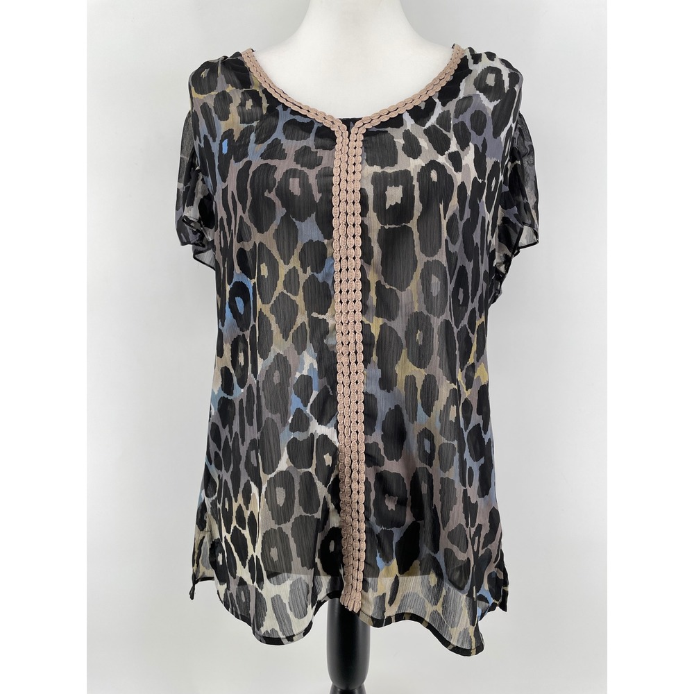 Tribal Leopard Print Blouse Womens 12 Black Grey Blue Boho Artsty Crochet Trim